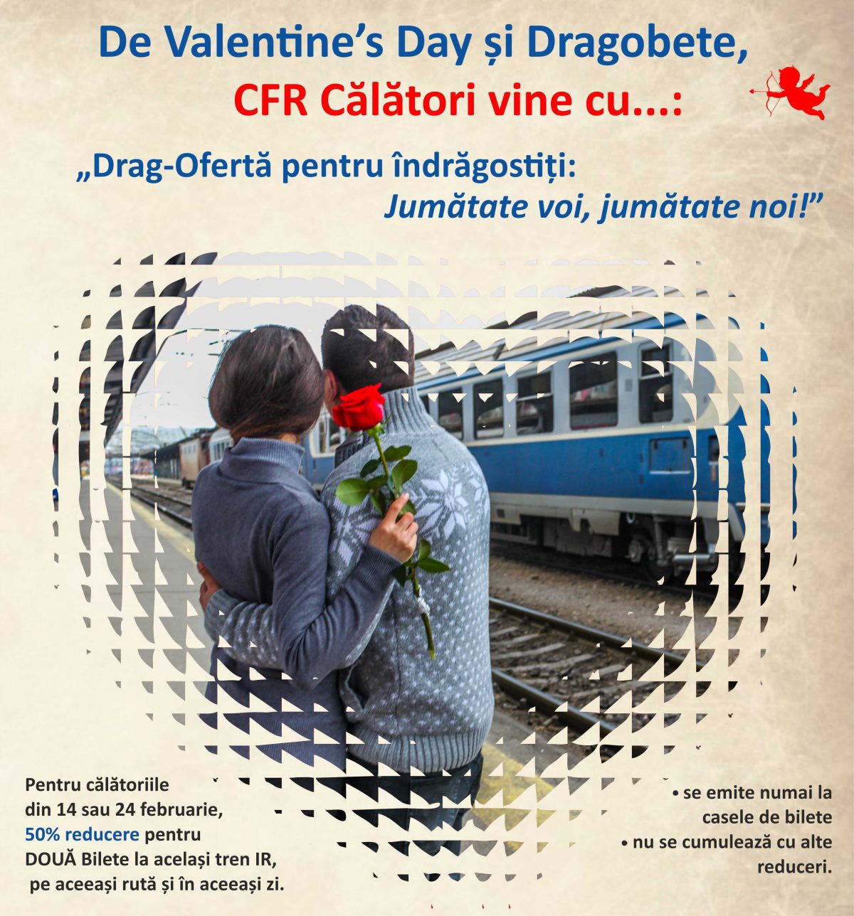 „Jumătate voi, jumătate noi!” Reduceri la biletele CFR de Valentine`s Day și Dragobete